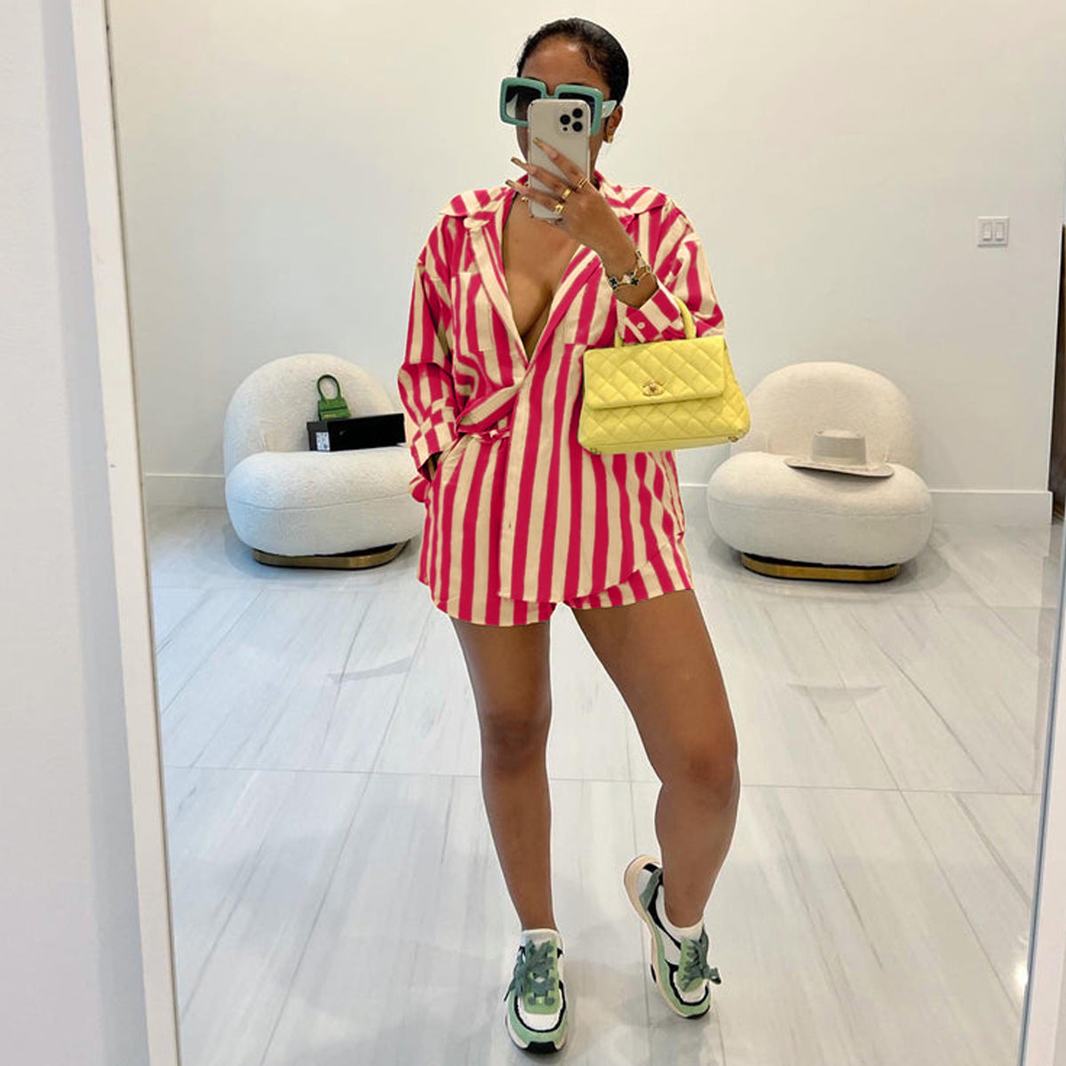 Autumn fashion striped shirt loose two piece women's clothing 5