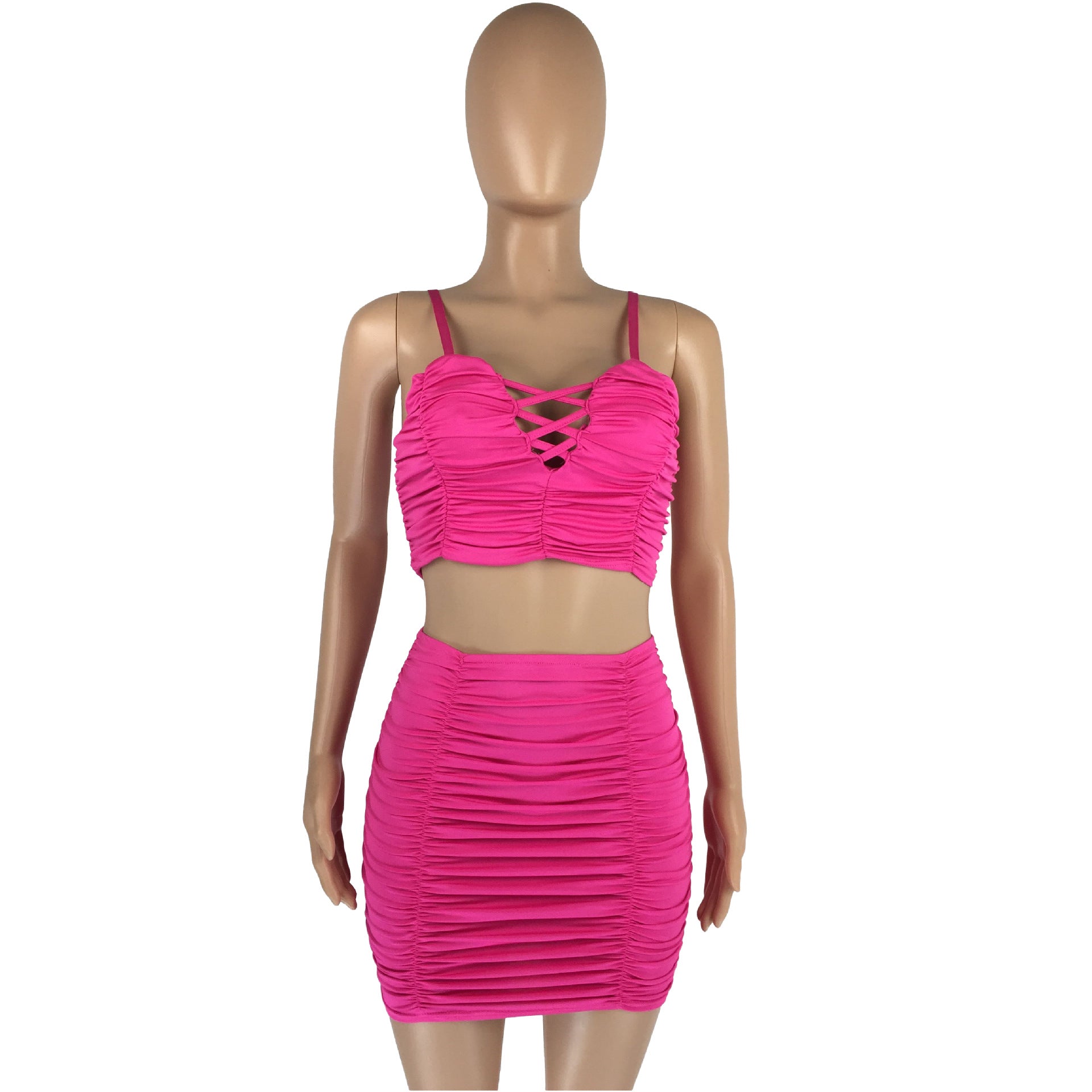 Women Strapless Pleated Crop Top and Bodycon Skirt Two-Piece Set 11