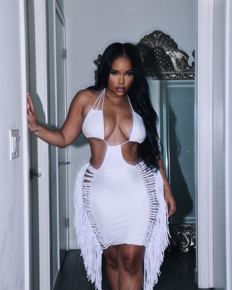 Women Summer White Sexy Halter Sleeveless Solid Hollow Out Mini Club Dress 5