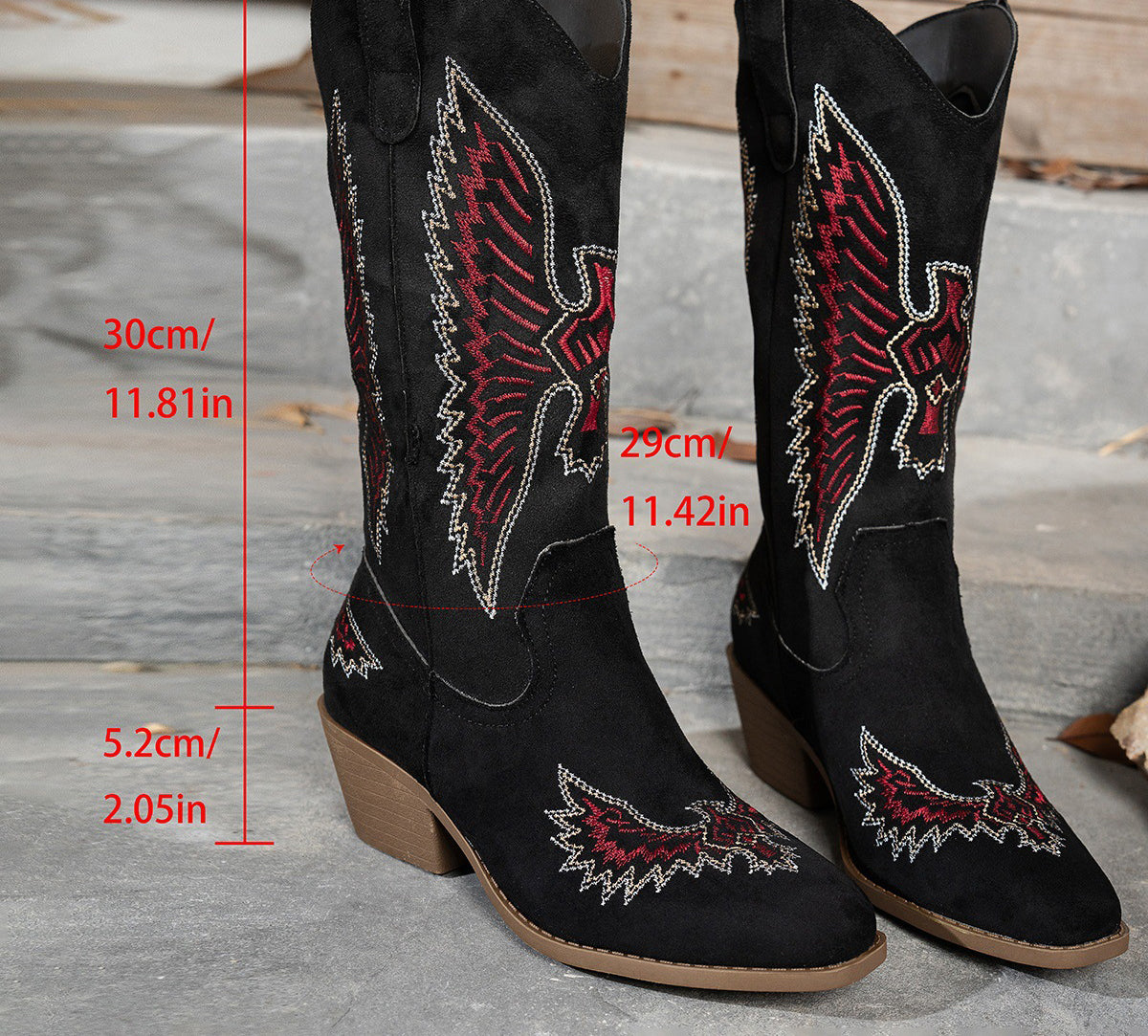Women's Fashion Autumn Winter Mid Heel Round Toe Plus Size Embroidered Leather Boots 6