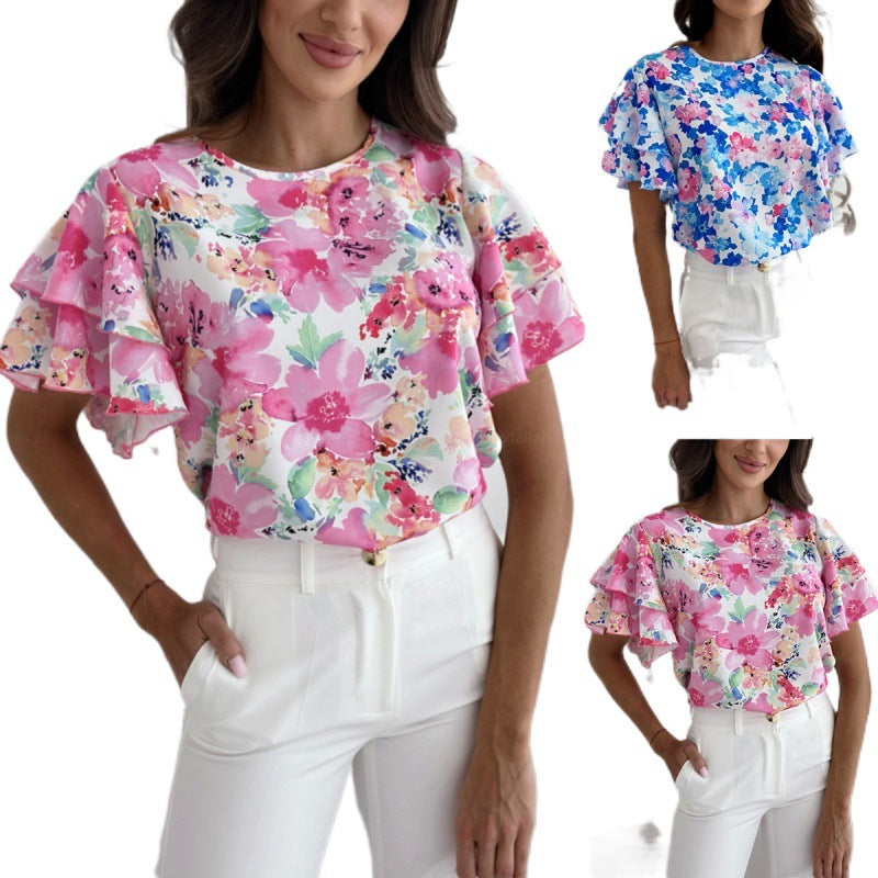 Fashion Summer Print Ruffle Sleeve Round Neck Short Sleeve Top 7