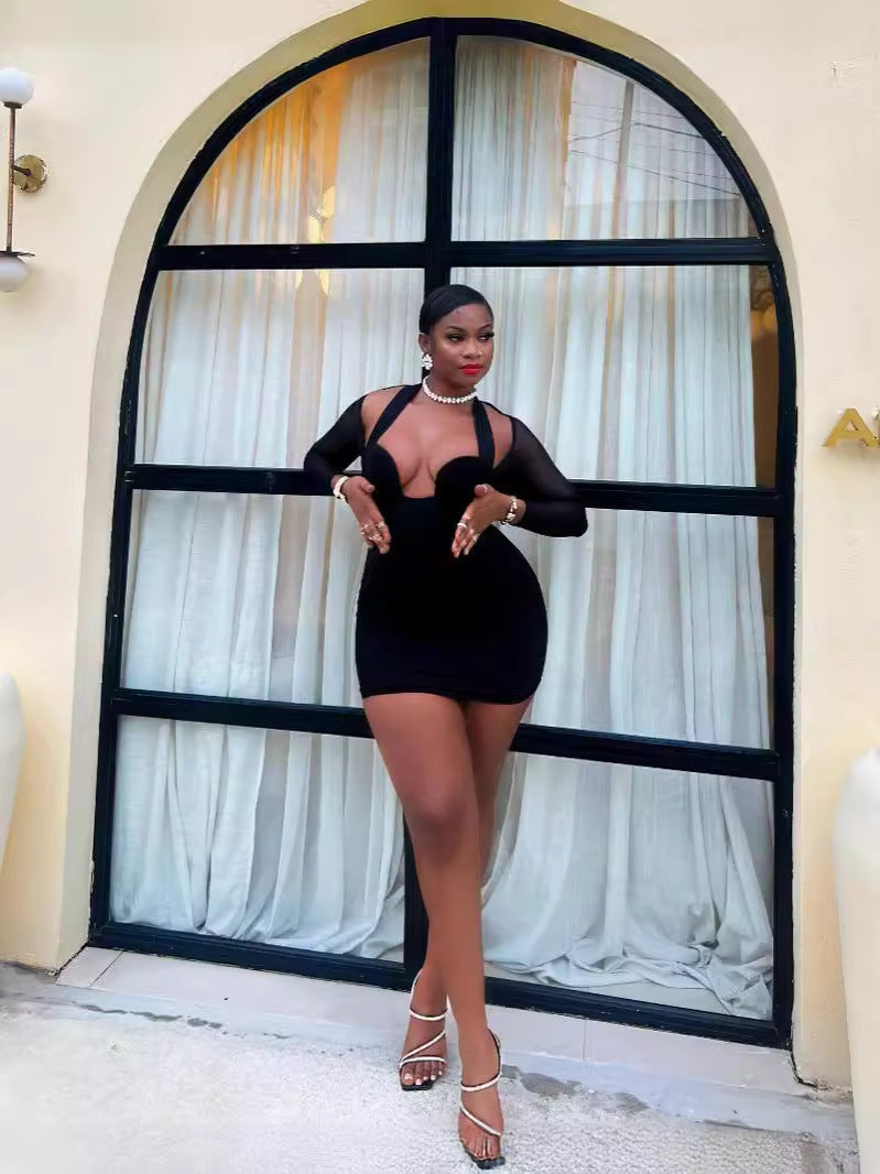 Women Halter Neck Sexy Mesh Patchwork Long Sleeve Bodycon Dress 5