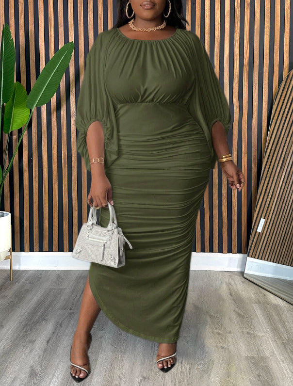 Women's Fashion Elegant Solid Color Round Neck Half Sleeve Fashion Pleated Long Dress