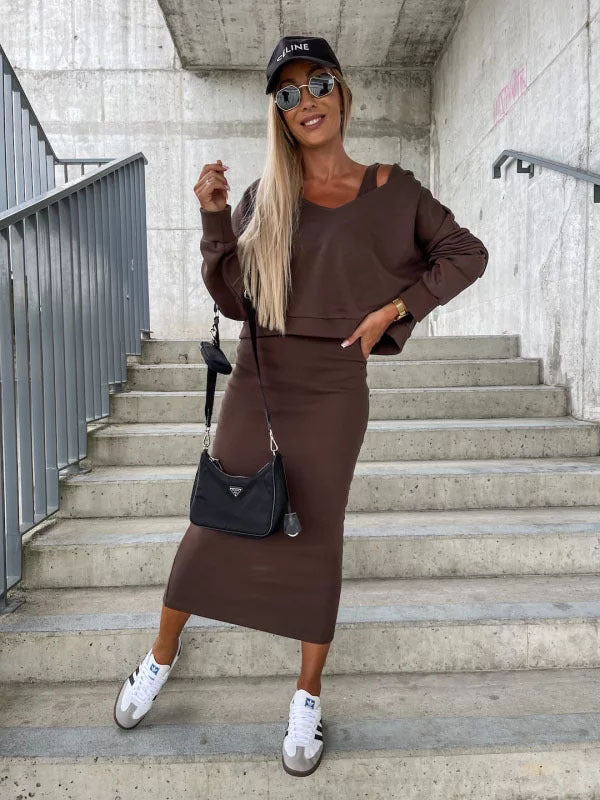 Women winter sleeveless hooded Top and Skirt two-piece set