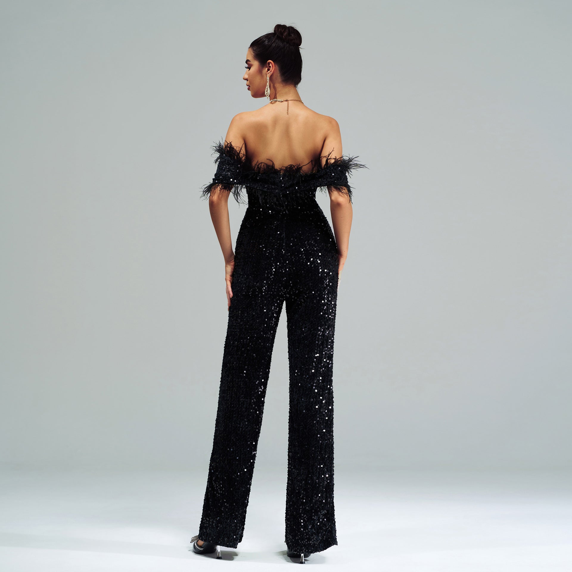 Women's Sexy Long Off Shoulder Sequins Formal Party Jumpsuit 4