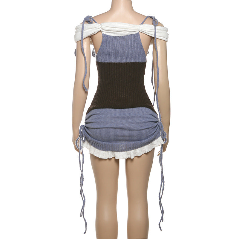 Spring Women Sexy V-Neck Lace-Up Contrast Color Bodycon Knitting Dress 6