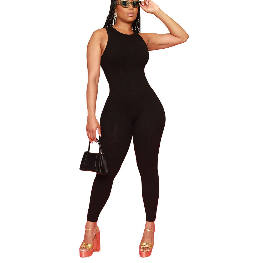Women Solid Stretch Sleeveless Sexy Round Neck Jumpsuit 12