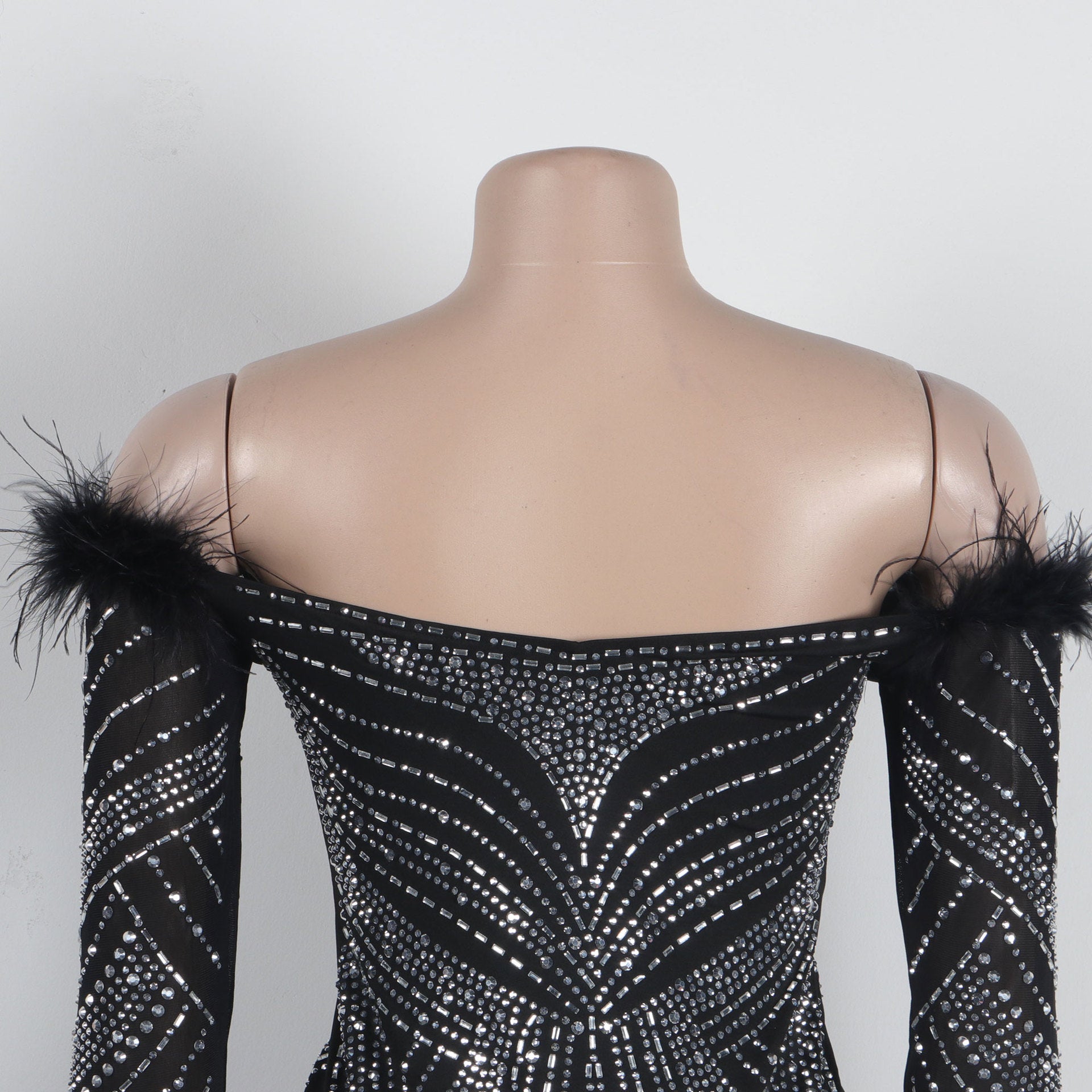 Women's Beaded Feather Off Shoulder Bodycon Dress 19