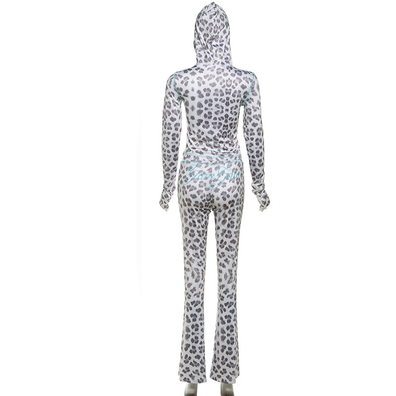 Women leopard print hooded Top and trousers two-piece set 16