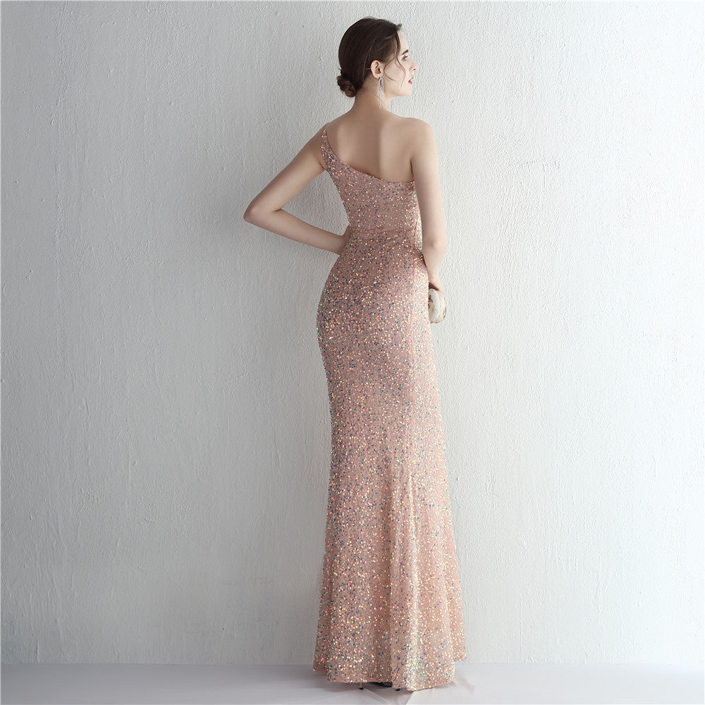 Women Sequined One Shoulder Strap Formal Party Slit Mermaid Evening Dress 17
