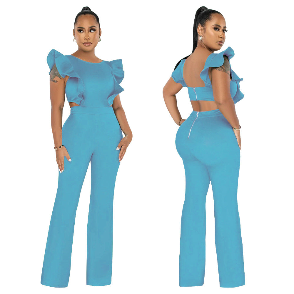 Women Summer Ruffle Round Neck Solid Jumpsuit