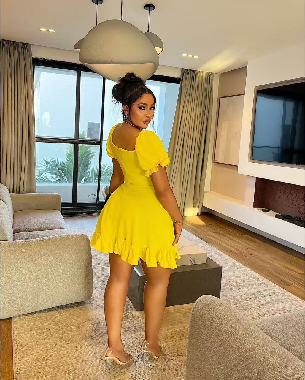 Women solid stretchy pleated lace sexy collar dress 3