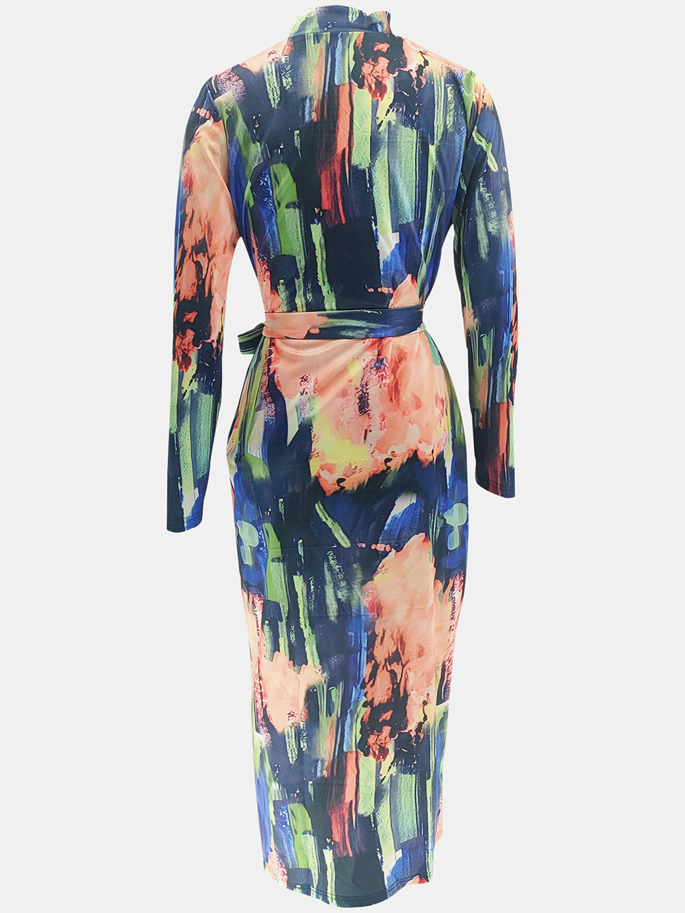 Women's Zipper Printed Long Sleeve Slim Dress With Belt 8