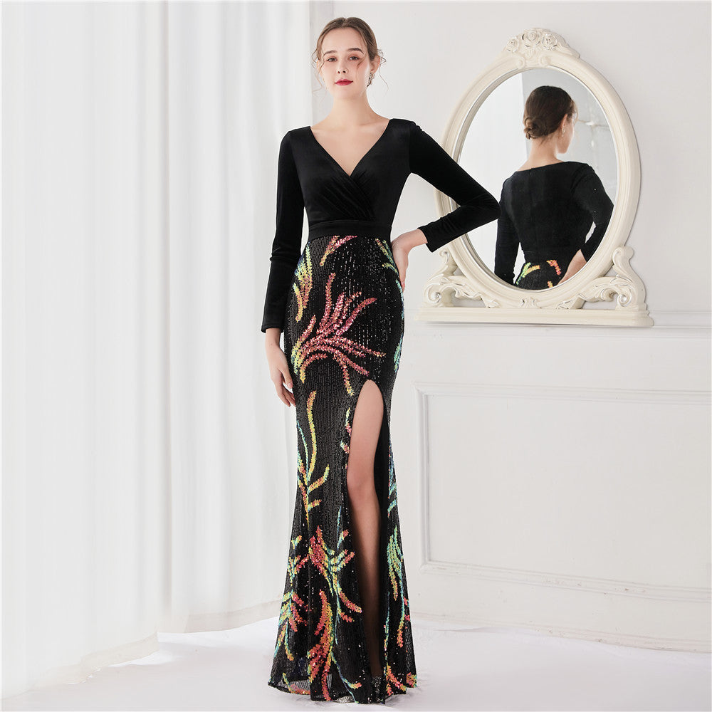 Winter Elegant Green Veet With Sequ Deep v Neck Long Sleeve Slit Cocktail Eevening Dress 13