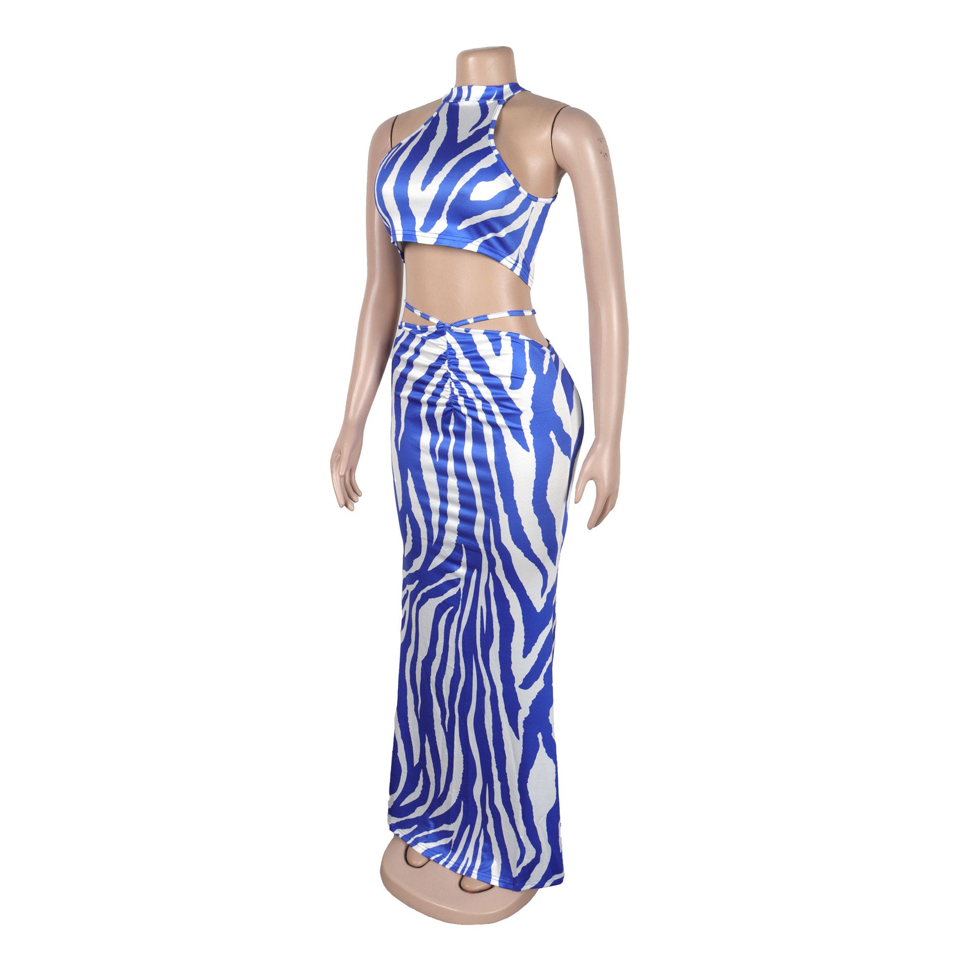 Women Striped Crop Top and Long Skirt Two Piece Set 16