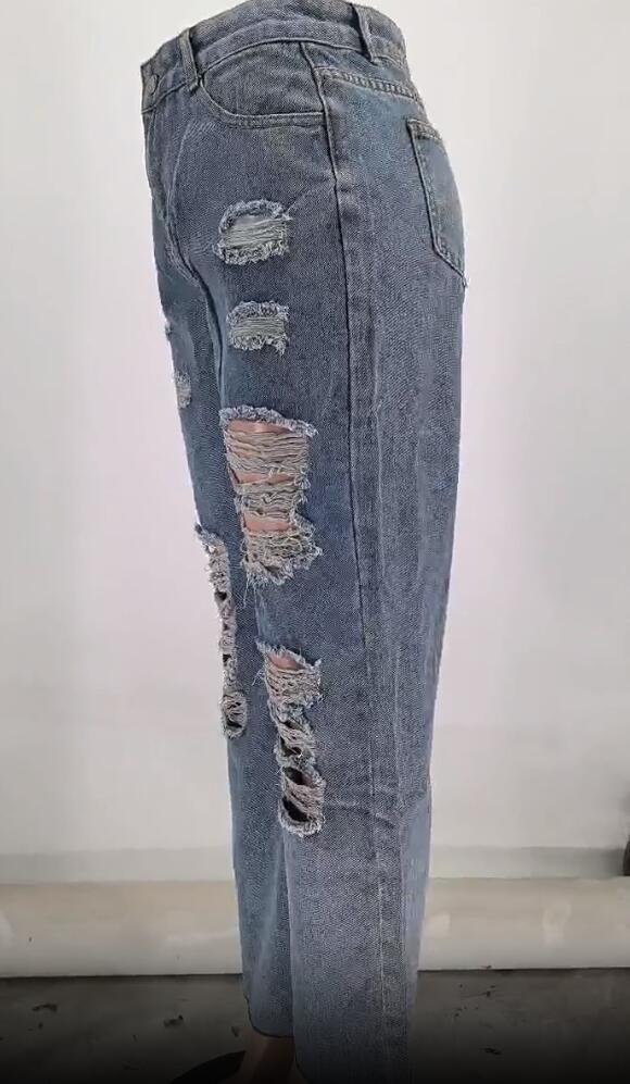 Women Pocket Ripped Straight Washed Denim Pants 8