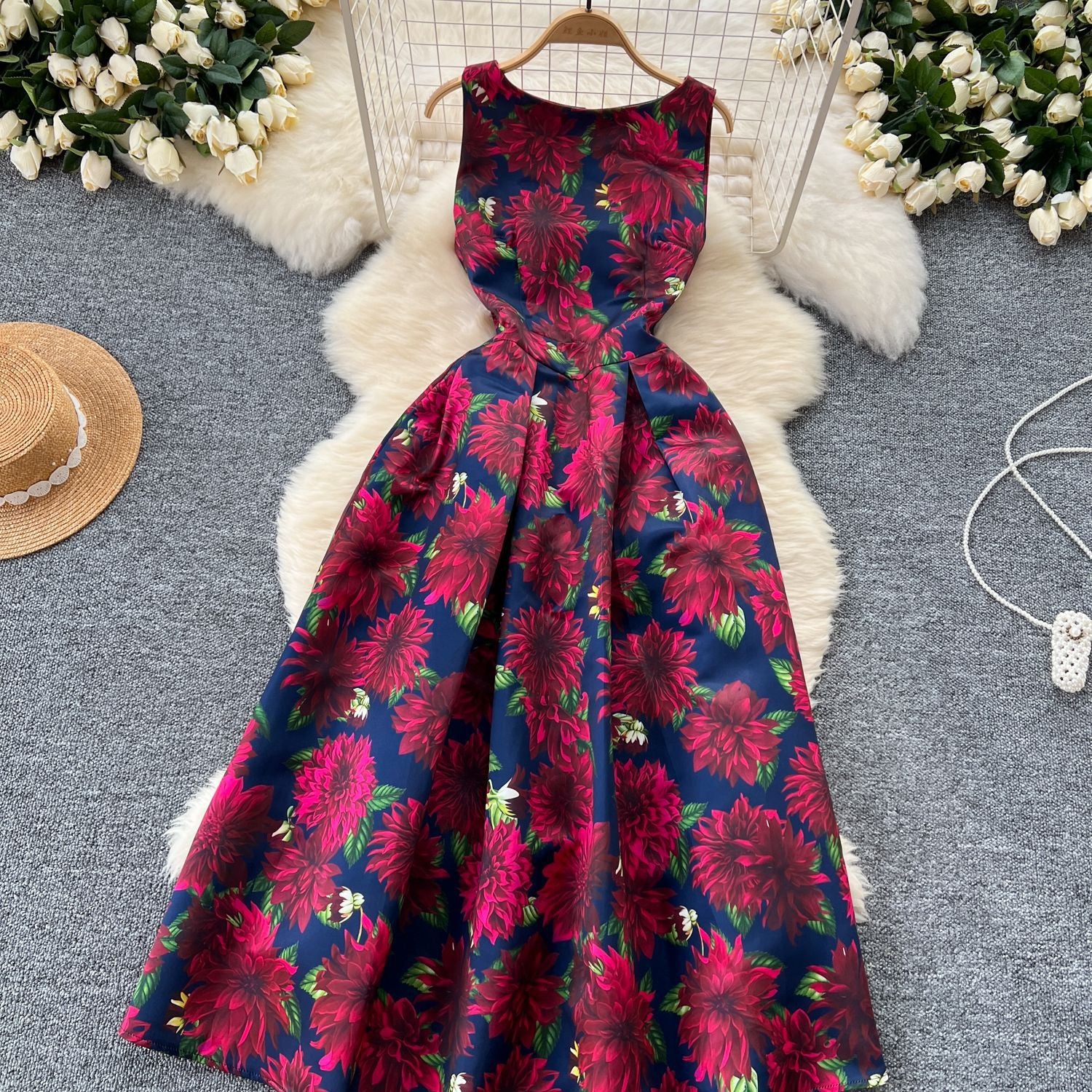Fashion Printed Round Neck Slim Waist Pleated Flare Sleeveless Mini Dress 34