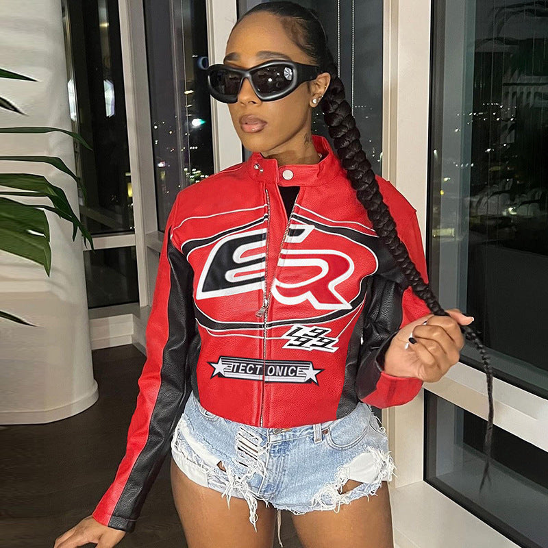 Autumn Winter Sexy Zipper Top Contrast Embroidery Short Fashion Jacket