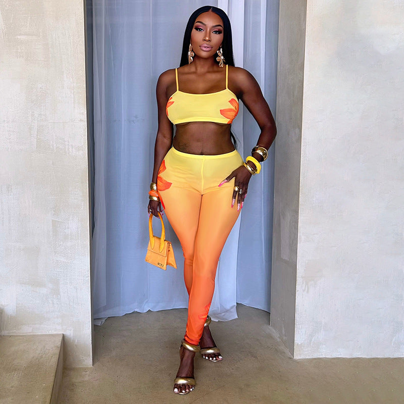 Women Sexy Floral Gradient Printed Camisole Vest Top and Trousers Two-Piece Set 11