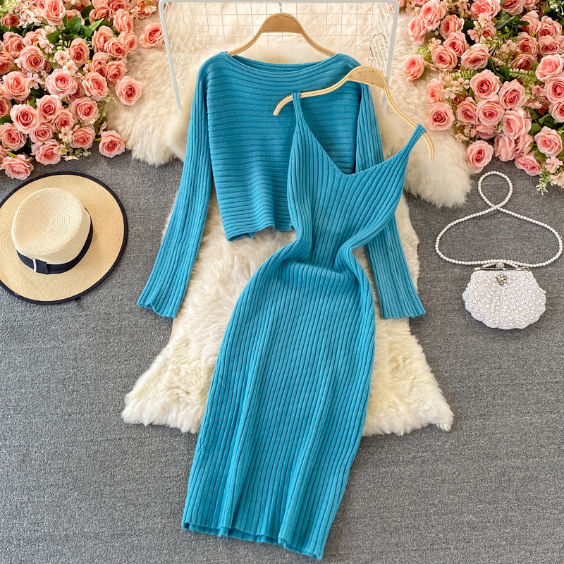 Women retro chic knittingv collar Top and Bodycon Dress two-piece set 5