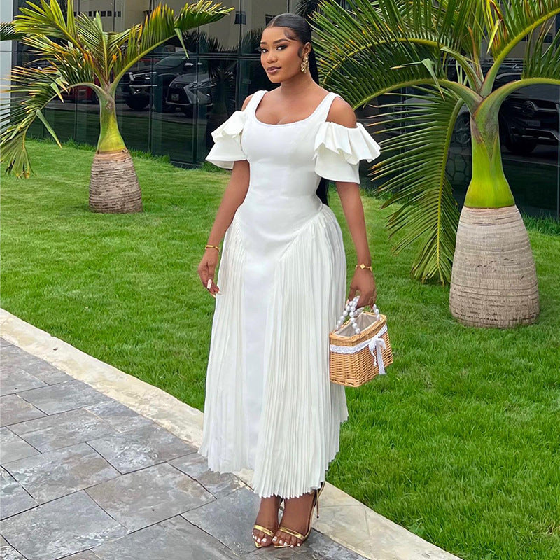 Women's Summer Chic Elegant U-Neck Ruffle Sleeve High Waist Pleated Long Dress 4