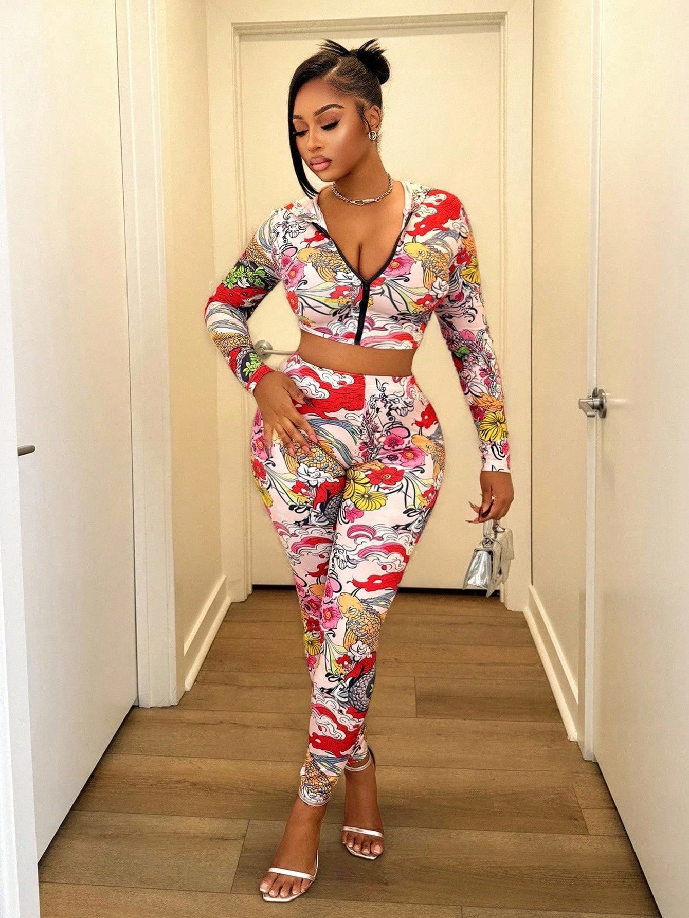 Women autumn hooded printed top and pants two-piece set 6