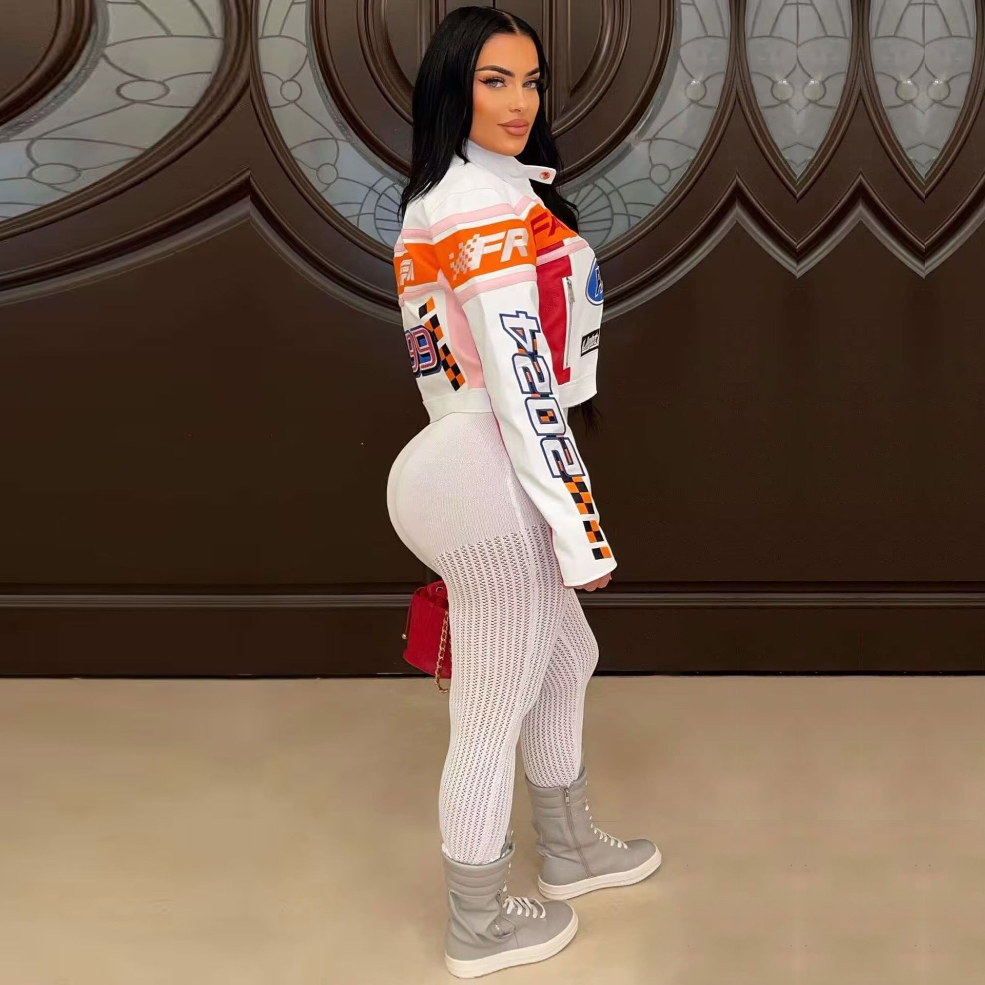 Autumn And Winter High Street Print Stand Collar Short Zipper Jacket 5