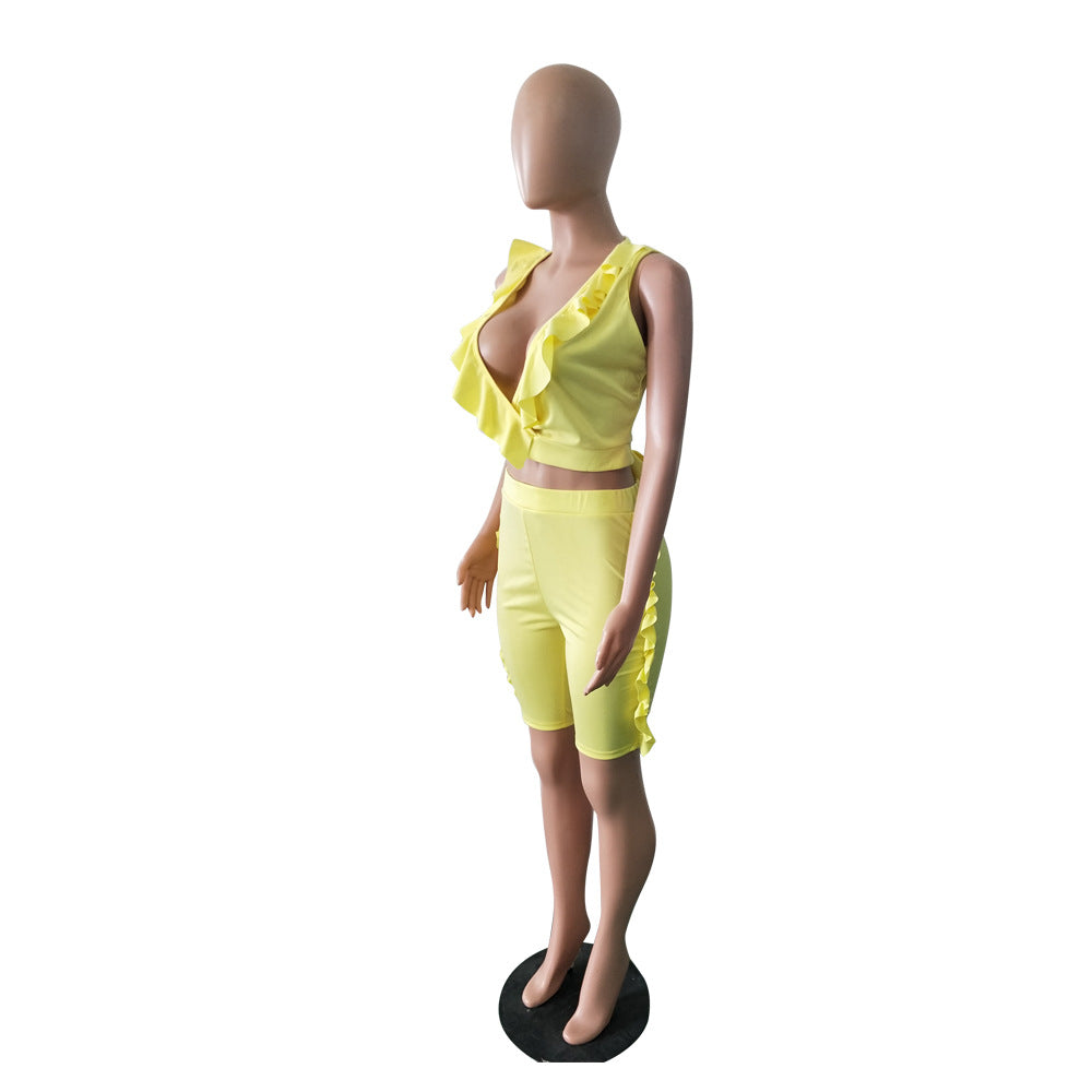 Women Bow Ruffle Sleeveless Top and Shorts Two-Piece Set 6