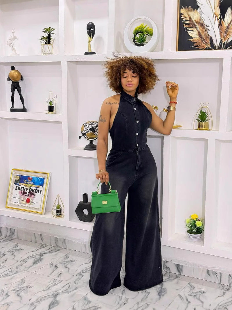 Women summer turndown collar Halter Neck backless denim jumpsuit 10