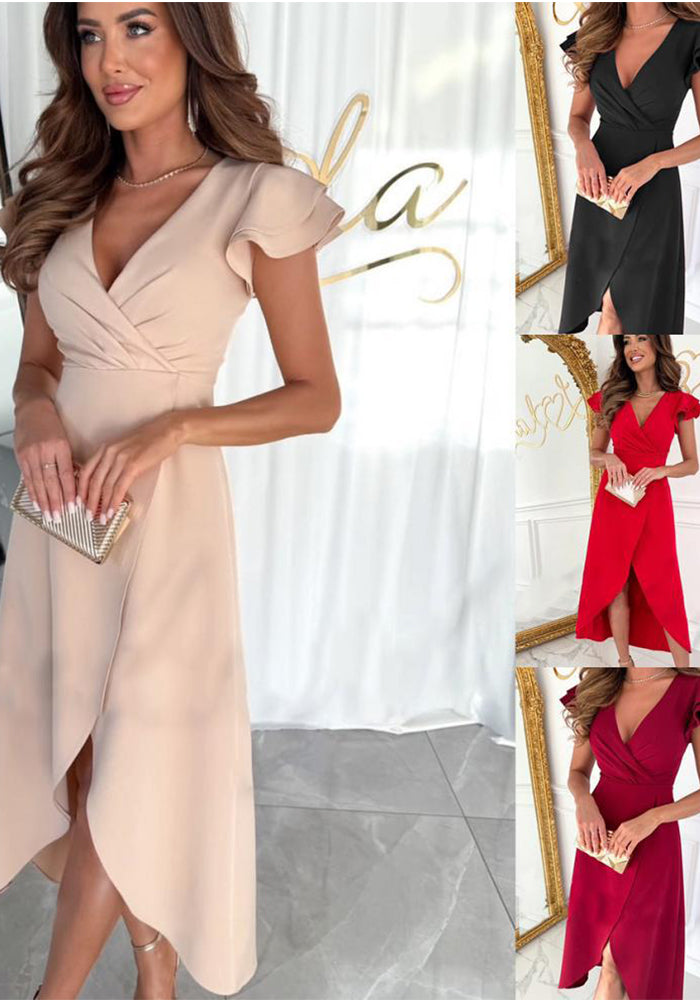 Summer Career Solid Color V-Neck Slim Waist Ruffle Sleeve Midi Dress