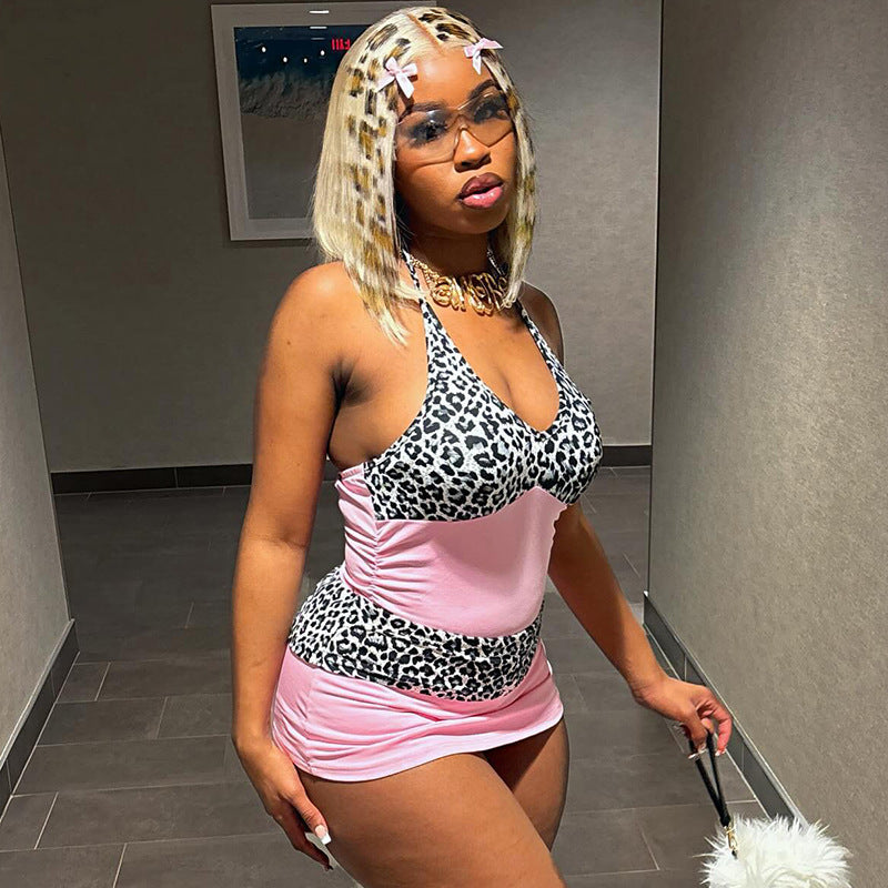 Women's Halter Deep V Neck Leopard Print Patchwork Mini Dress 5