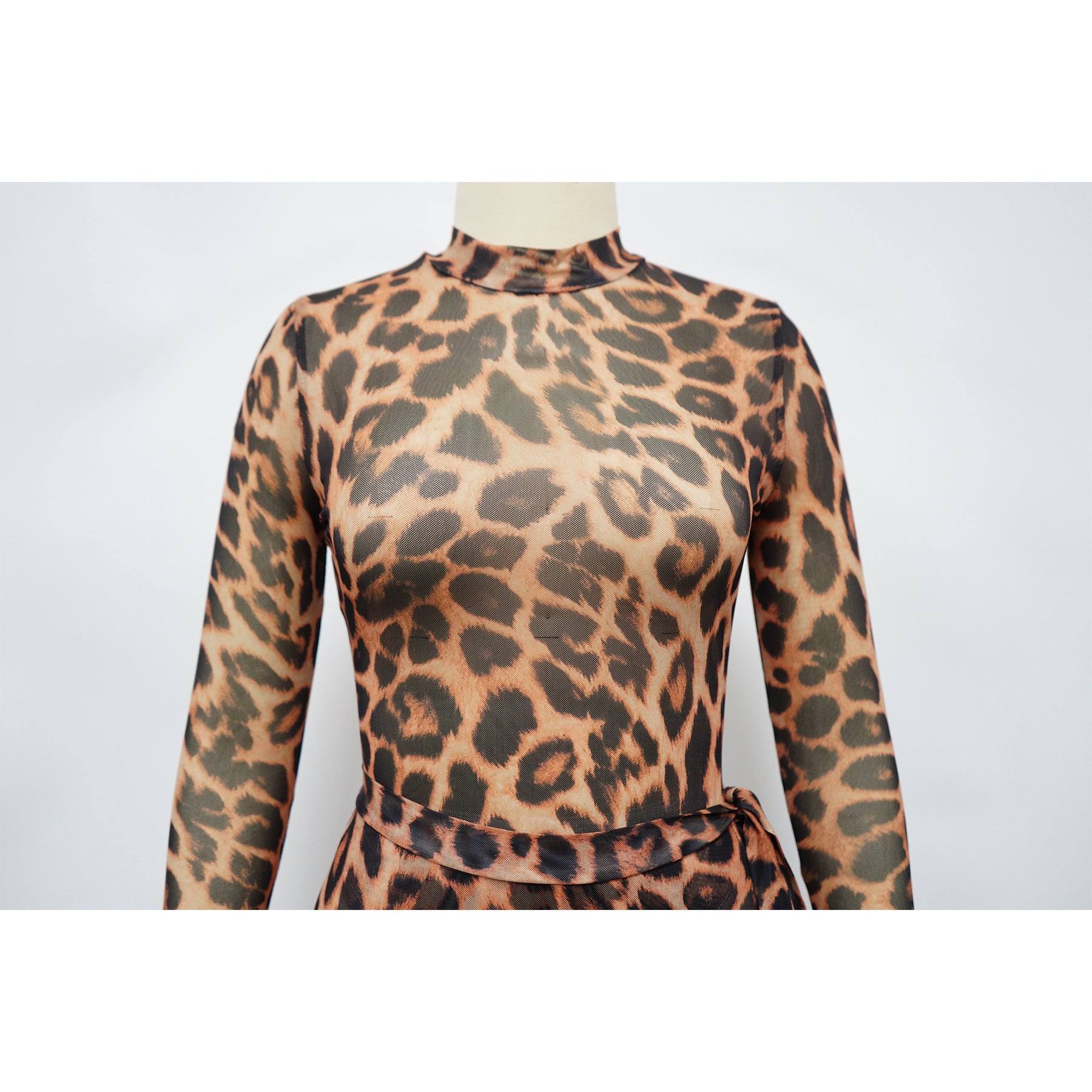 Women Sexy Leopard Print See-Through Bodysuit and Slit Skirt Two-Piece Set 11