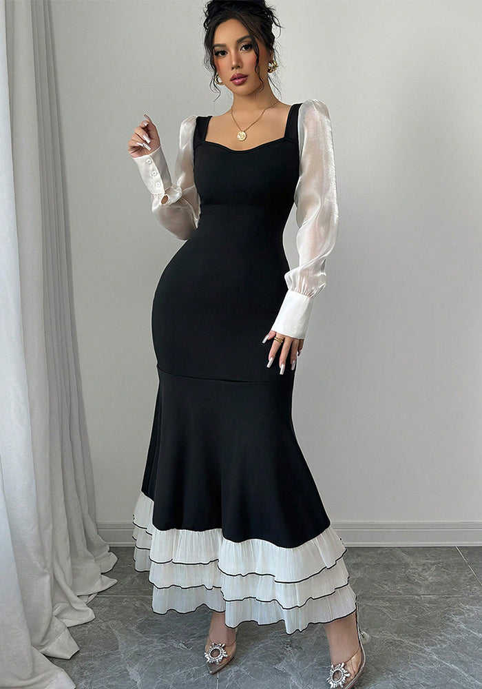 Women autumn long-sleeved contrast color fishtail dress