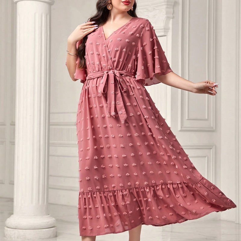Plus Size Women V-Neck Lace-Up Short Sleeve Maxi Dress 5