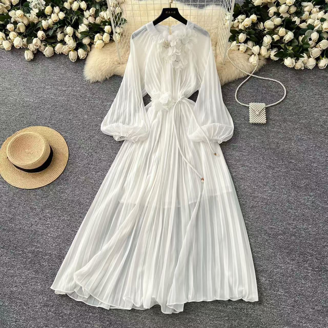 Elegant Women's Luxury Beaded Flower Belt Slim Waist Pleated Long Dress 8