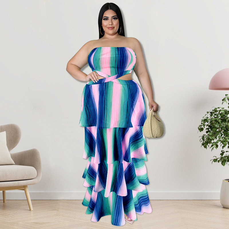 Plus Size Fall Women'S Strapless Stripe Print  Swing Layer Maxi Dress