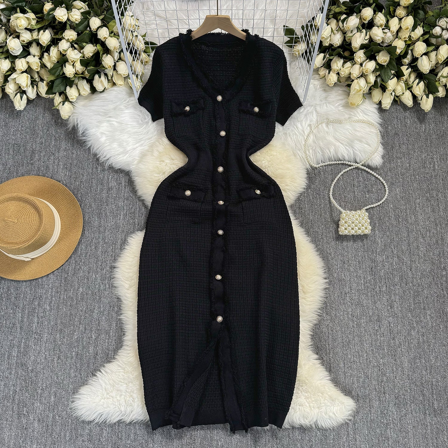 Summer Women's Buttoned Short-Sleeved V-Neck Slim Waist Slim Knitting Dress 9