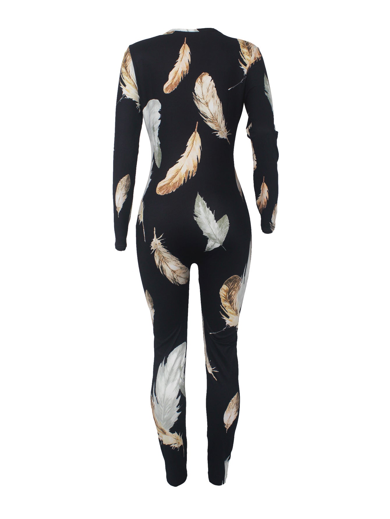 Women's Sexy Fashion Pattern Print Deep V-Neck Long Sleeve Tight Slim Jumpsuit 45