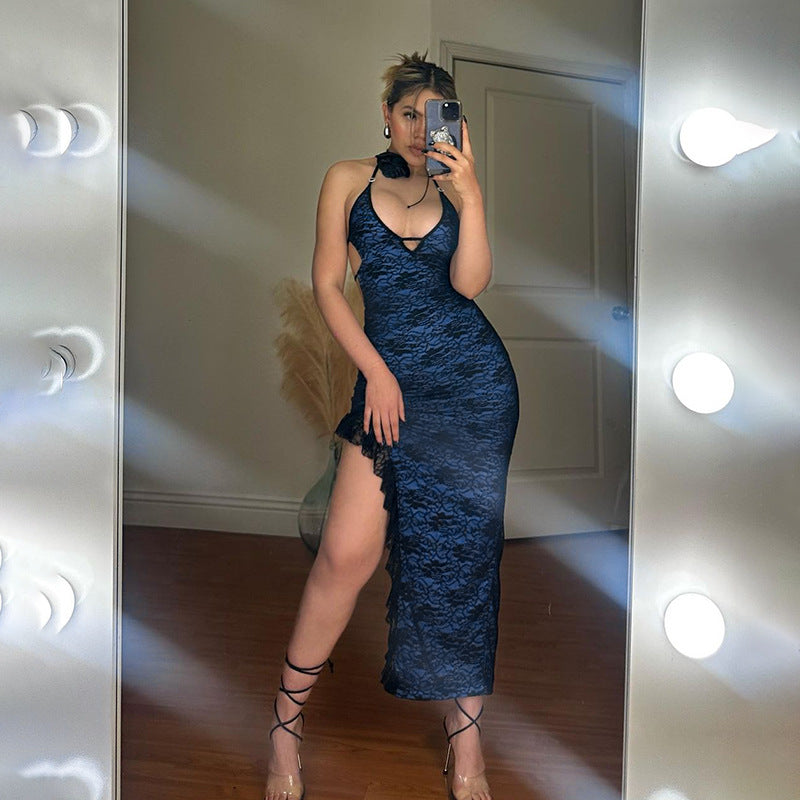 Women summer lace sexy slit Strap Bodycon Dress 4