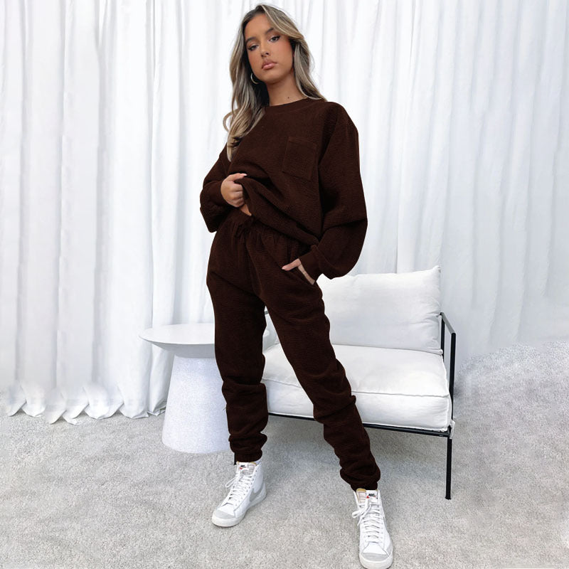 corduroy solid color Round Neck pullover long-sleeved two-piece fashion trouser suit women 6