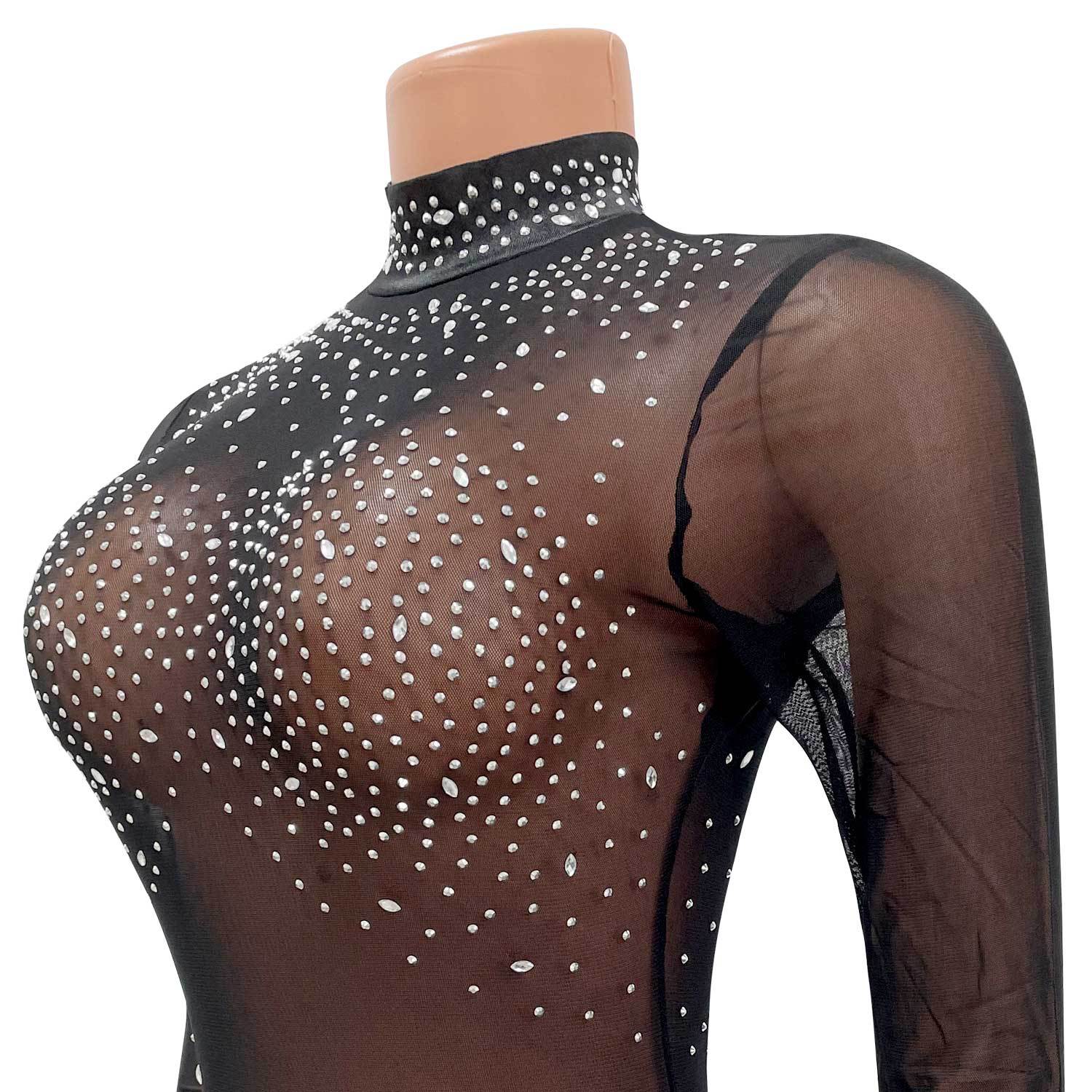 Autumn Women'S Fashion Sexy Mesh Long Sleeve Rhinestone Beaded Bodycon Club Dress 8