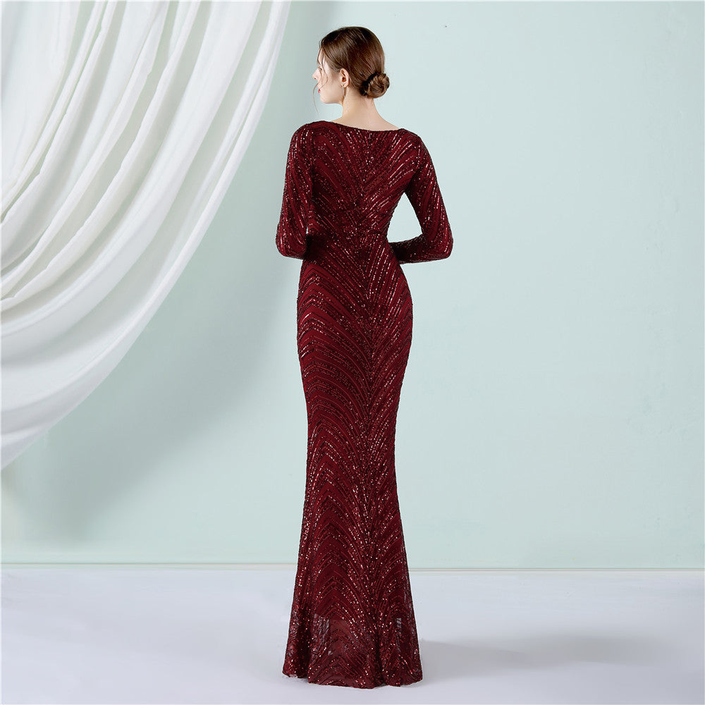 Sequin Evening Dress Women Formal Party Elegant Long-Sleeved Sequined Mermaid Evening Dress 10