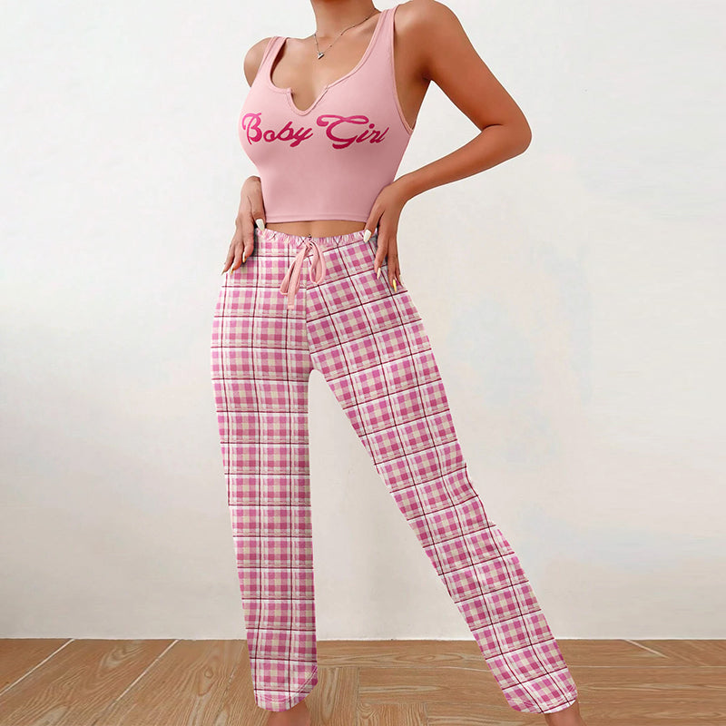 Girl Home Wear Letter Printed Vest Top Color Block Plaid Trousers Women's Pajamas 5