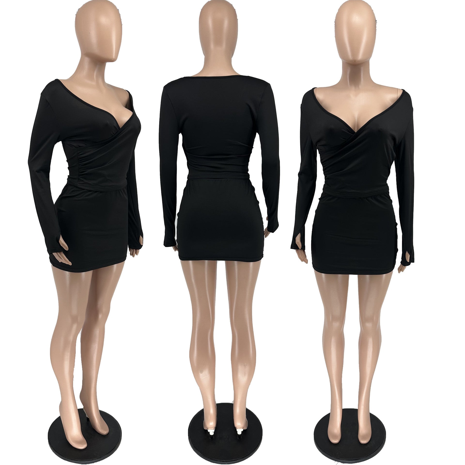 Women Summer Sexy Off-Shoulder V-Neck Long Sleeve Casual Skirt Two-piece Set 14