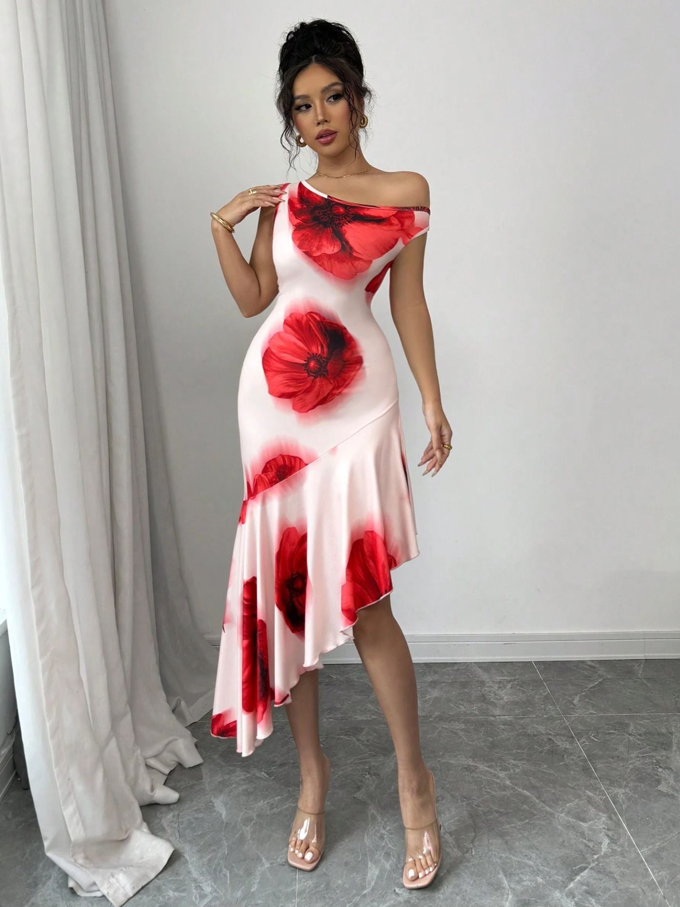 Women elegant asymmetrical floral Print dress 5
