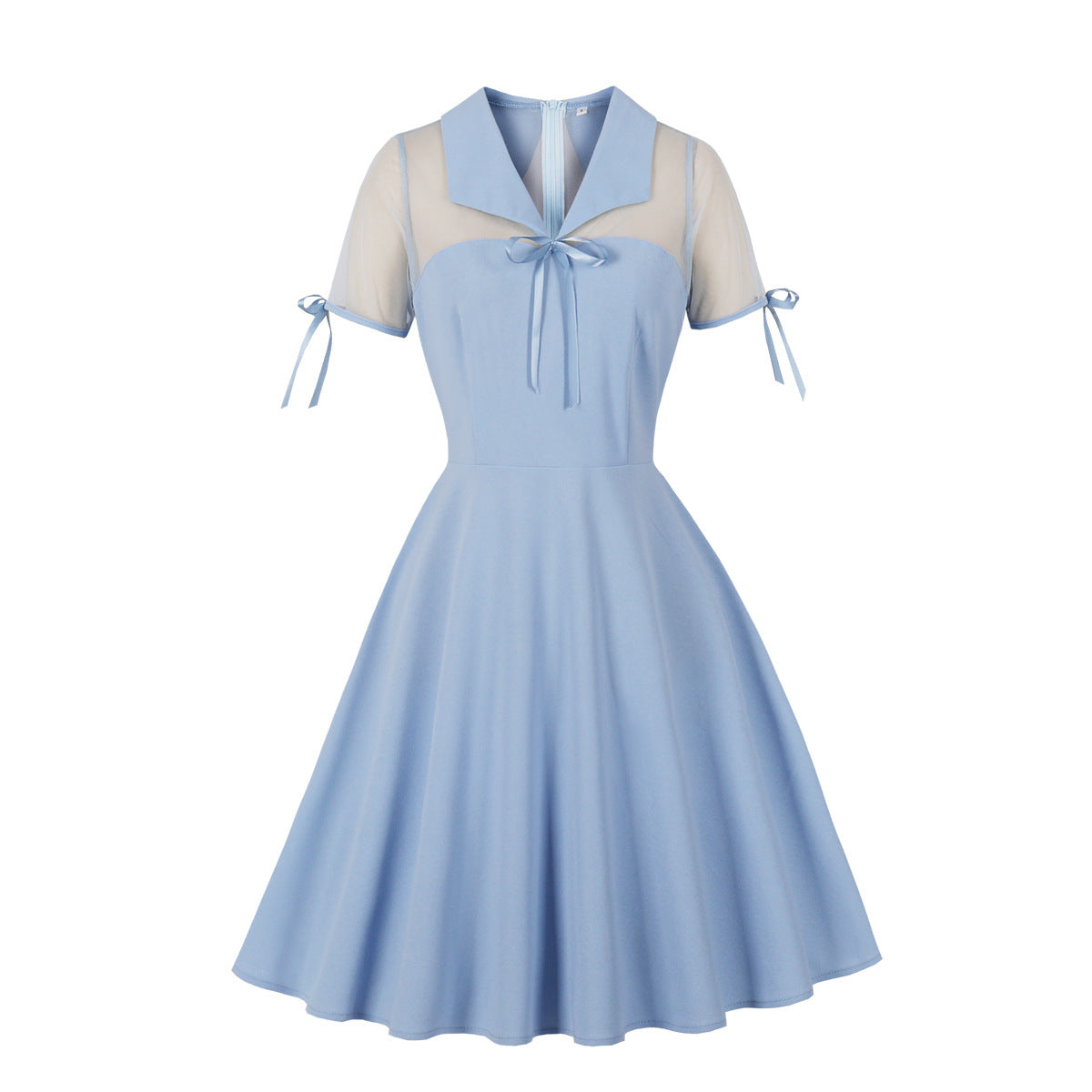 Women's Slim Waist Turndown Collar Bow Short Sleeve Chic Elegant A-Line Dress 4