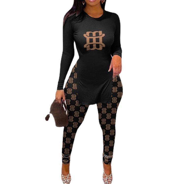 Women Letter Print Split Long Sleeve Top and PantTwo Piece Set 13