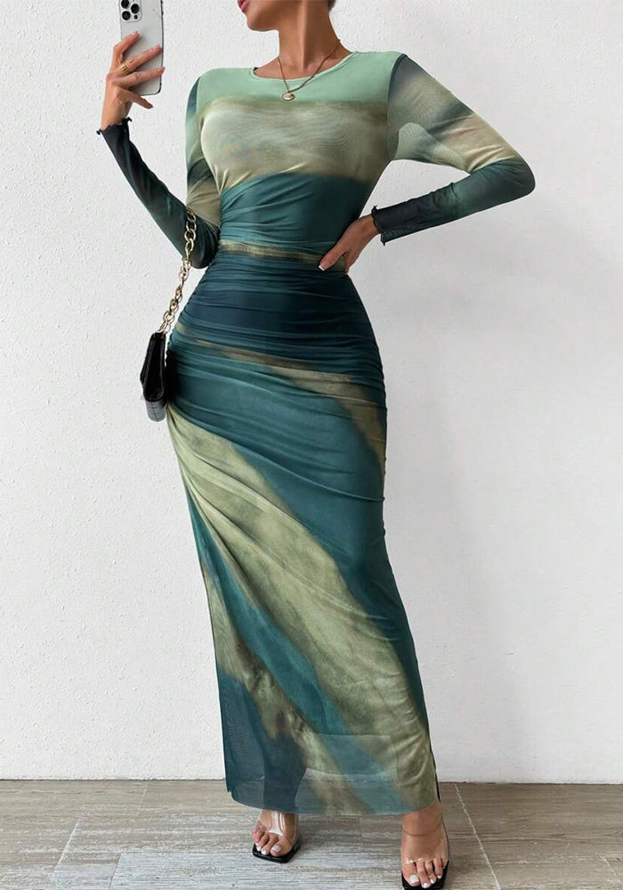 WomenŸ??s Sexy Round Neck Mesh Print Ruched Slit Dress