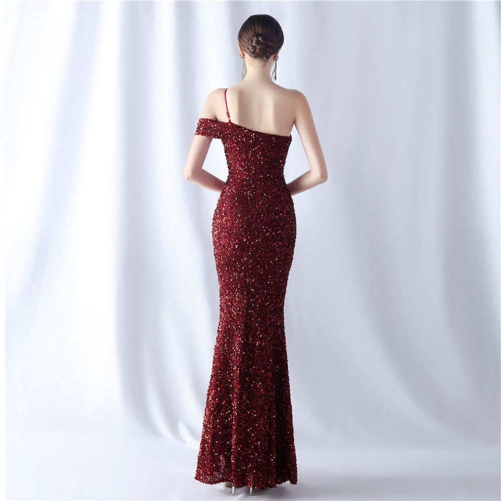 Summer Formal Sequin One-Shoulder Slit Evening Dress 6
