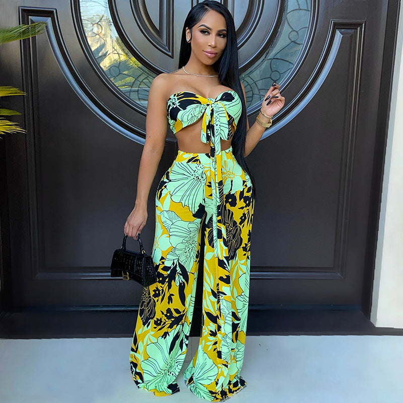 Women Casual Strap Printed Strapless Top and Wide Leg Pants Two-piece Set 3